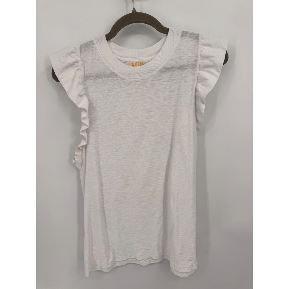 Nation LTD Ruffle Sleeve Tee Women L White Slub Pima Cotton Crew Neck